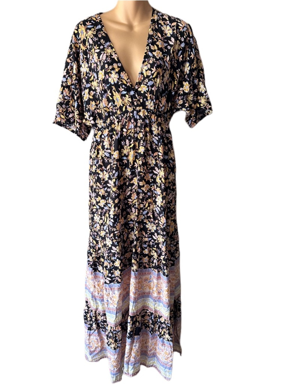 HYFVE Black Floral Vibrant V-Neck Maxi Dress with Multi Tiered Layers/Patterns